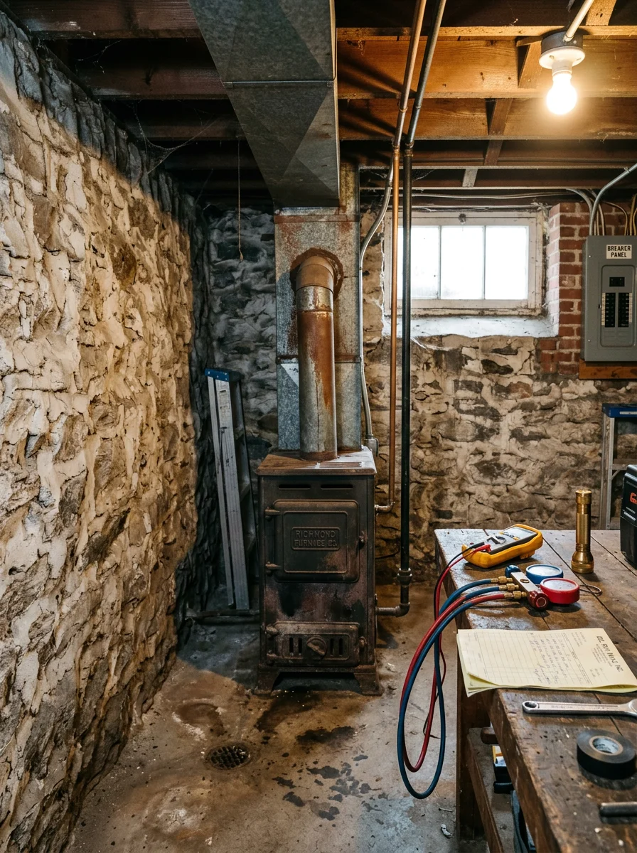 Close-up of a technician inspecting an aging furnace in the basement of a pre-1950s home in Del Ray, Alexandria, Virginia.