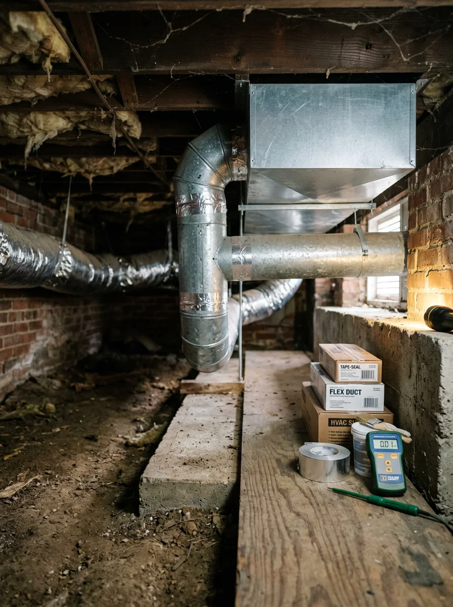 Technician inspecting ductwork in the crawlspace of an older Annandale, Virginia home during an HVAC system evaluation.