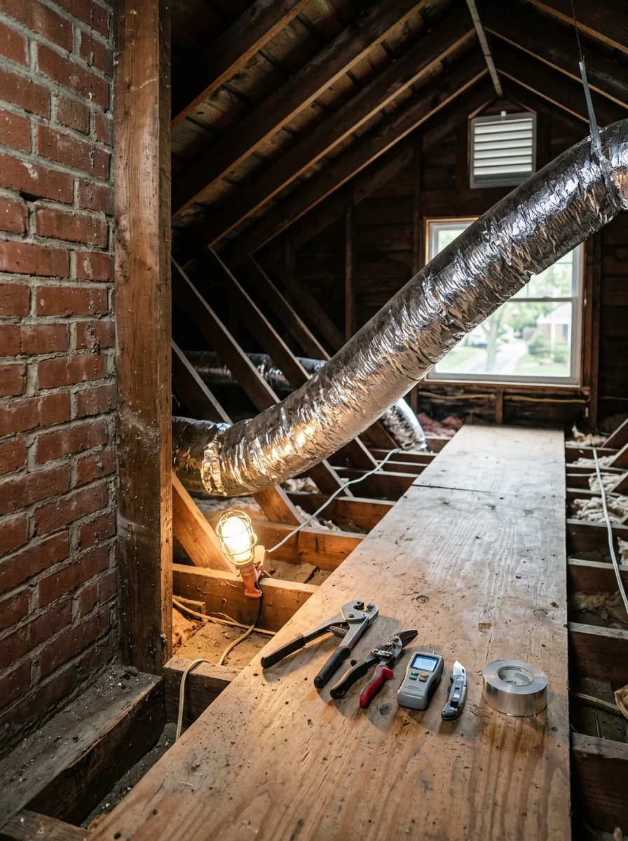 Technician inspecting ductwork in the attic of a 1950s brick colonial in an established North Arlington neighborhood.