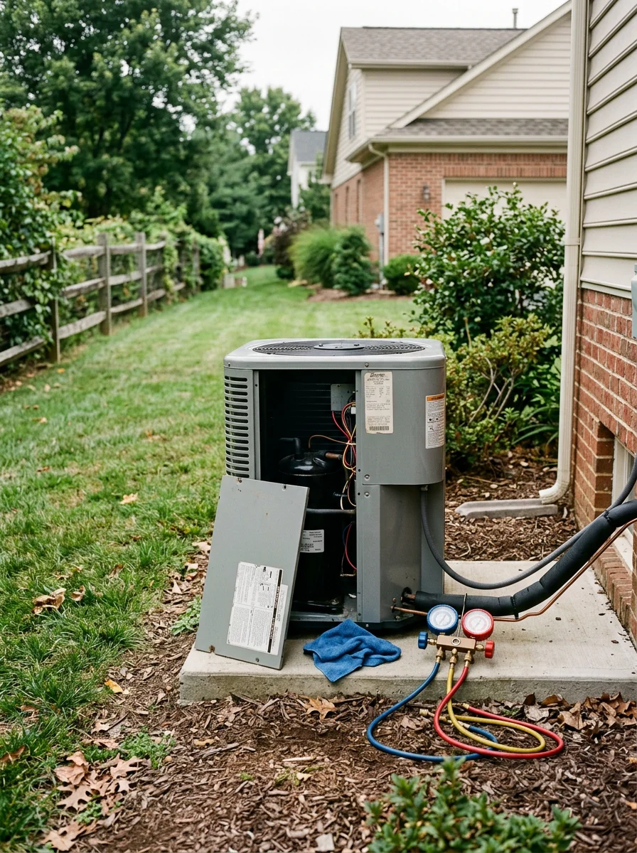 Close-up of an HVAC technician checking refrigerant levels on a residential air conditioning system in Ashburn, VA.