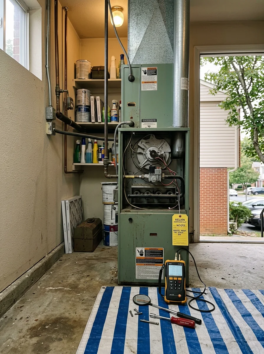 Technician checking a furnace heat exchanger in the utility room of a 1980s townhome in Centreville, Virginia.