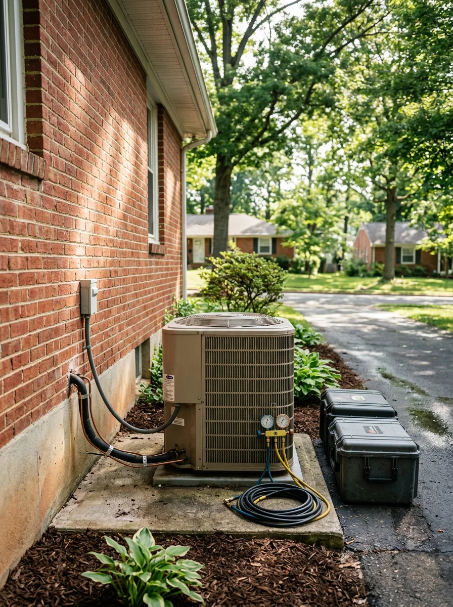 Technician checking an outdoor AC condenser unit beside a brick rambler in a Fairfax, Virginia neighborhood with mature trees.