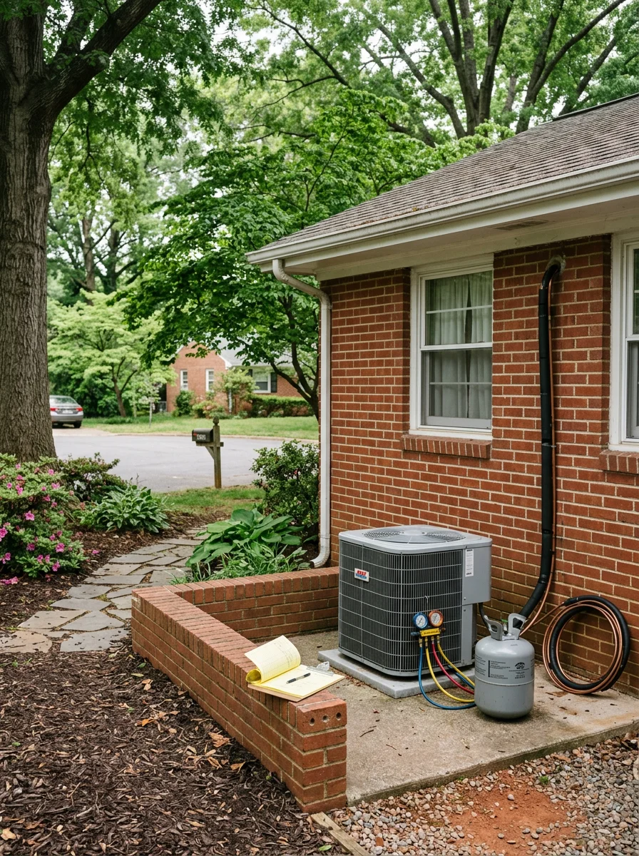 Technician inspecting an outdoor AC condenser unit beside a mid-century rambler in a Springfield, Virginia neighborhood with mature landscaping.