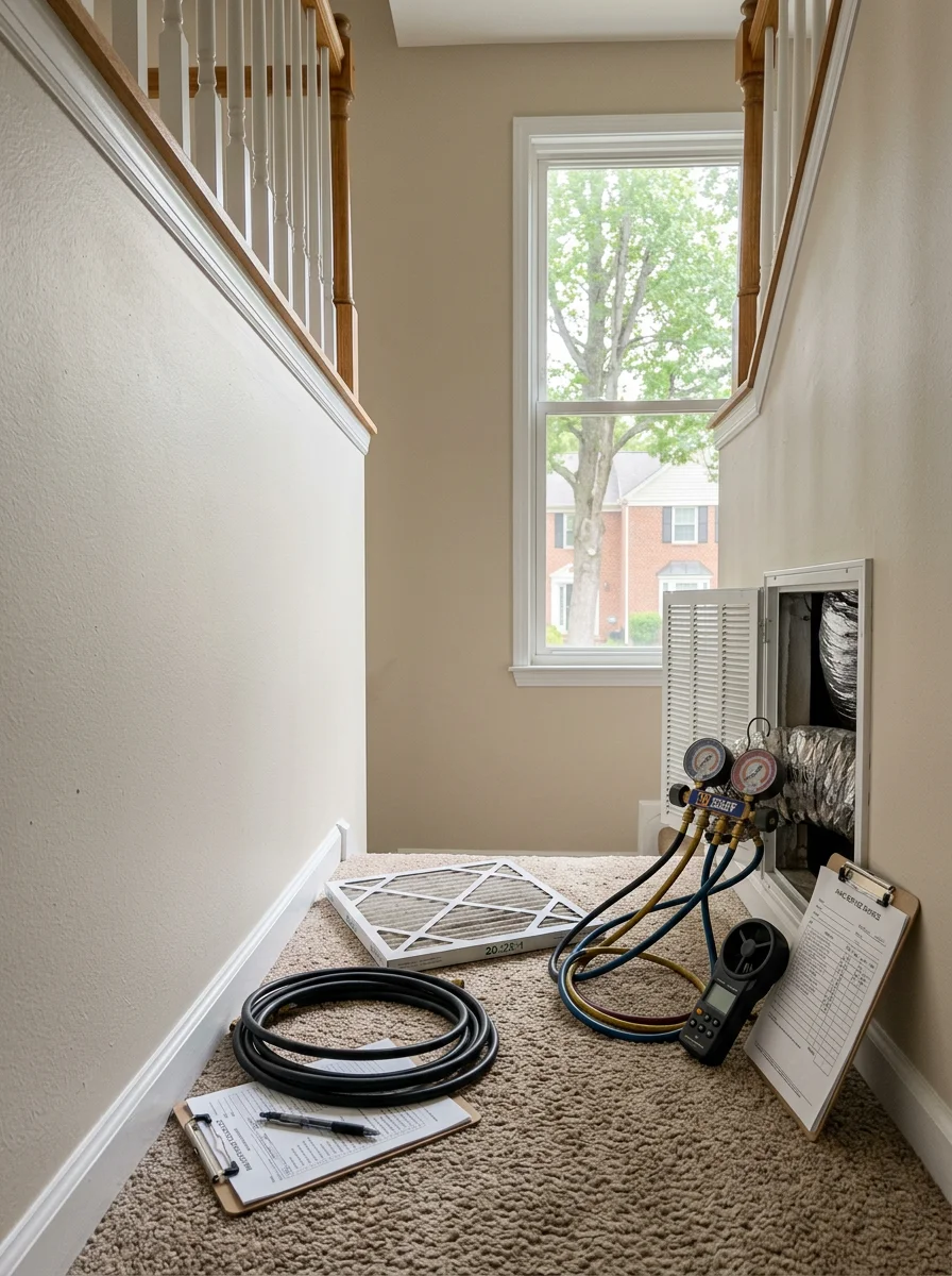 Technician checking airflow registers inside a split-level home in Vienna, Virginia, during an HVAC system evaluation.