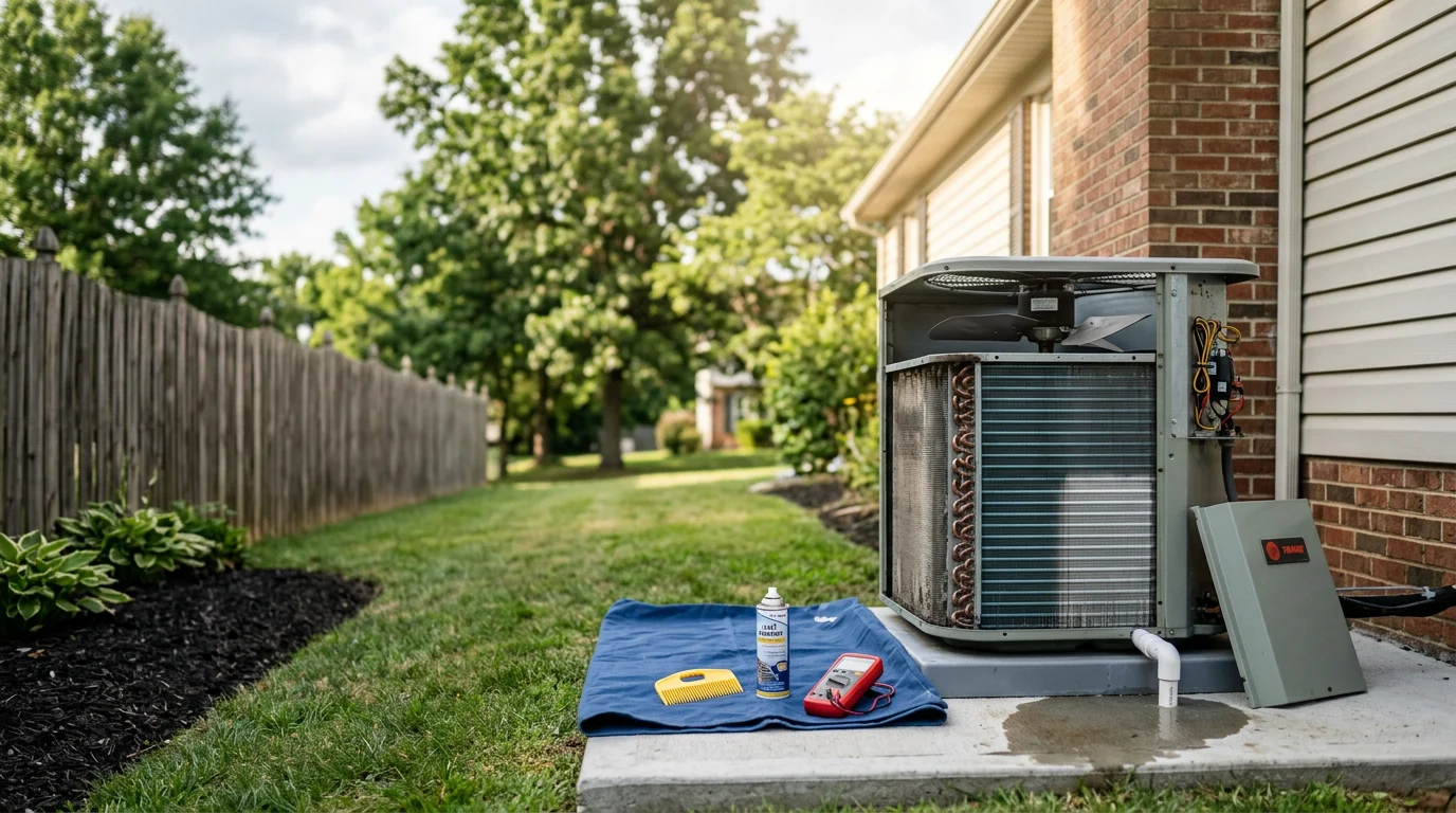 A Kelvin Services LLC technician inspecting an outdoor AC condenser unit at a residential home in Ashburn, Virginia. The technician checks components during a seasonal maintenance visit on a clear summer day.