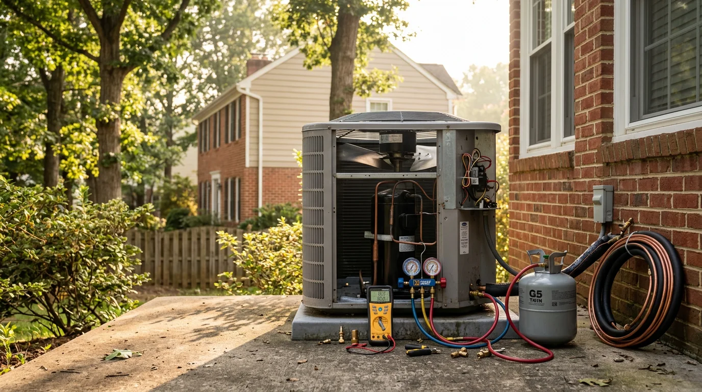 A Kelvin Services LLC technician inspecting the condenser unit of a residential central air conditioning system outside a home in Ashburn, Virginia. The technician is checking refrigerant lines and electrical connections on a warm Northern Virginia summer day.