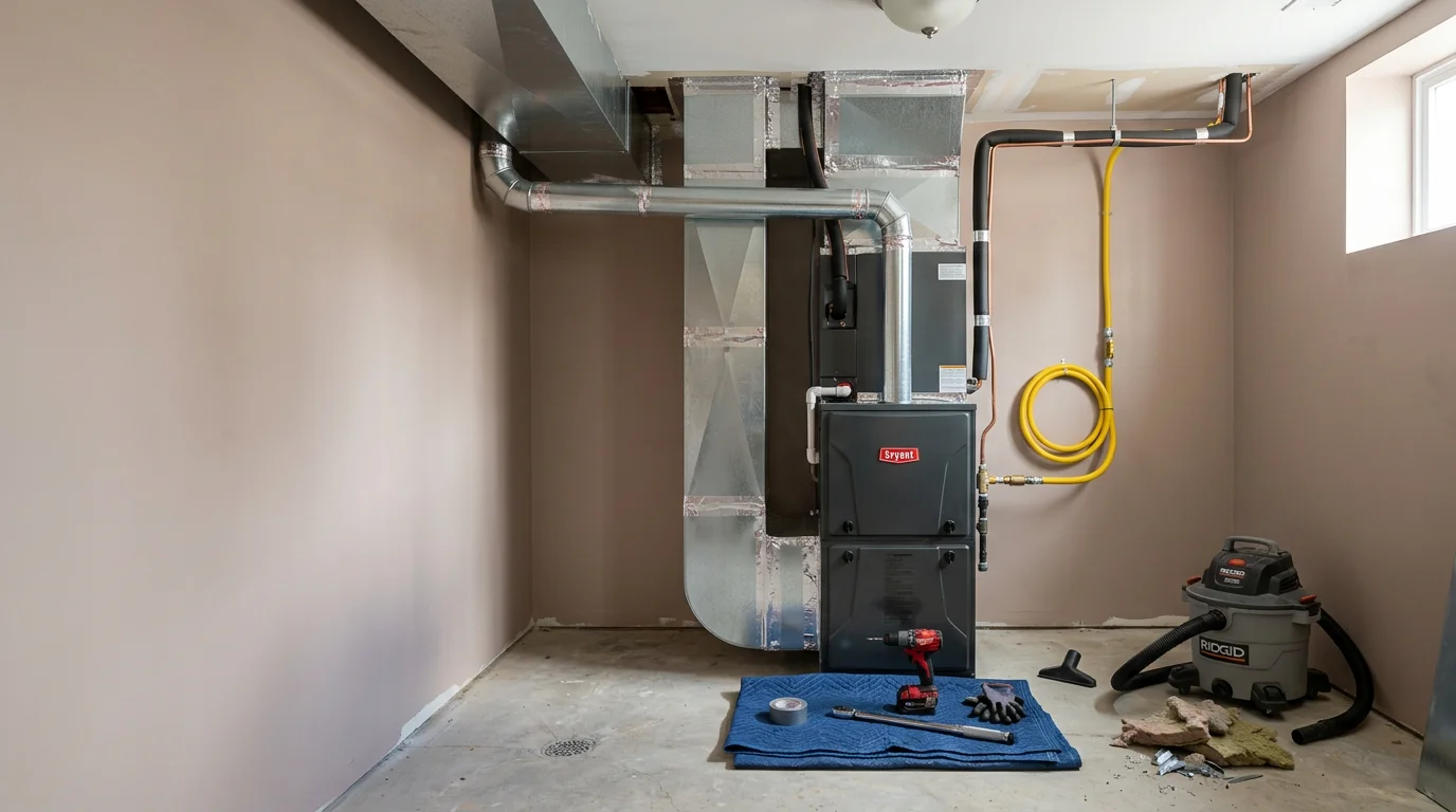 A technician from Kelvin Services LLC completing a heating system installation in a residential home in Ashburn, Virginia. The image shows the installed indoor heating unit with connected ductwork in a utility room.