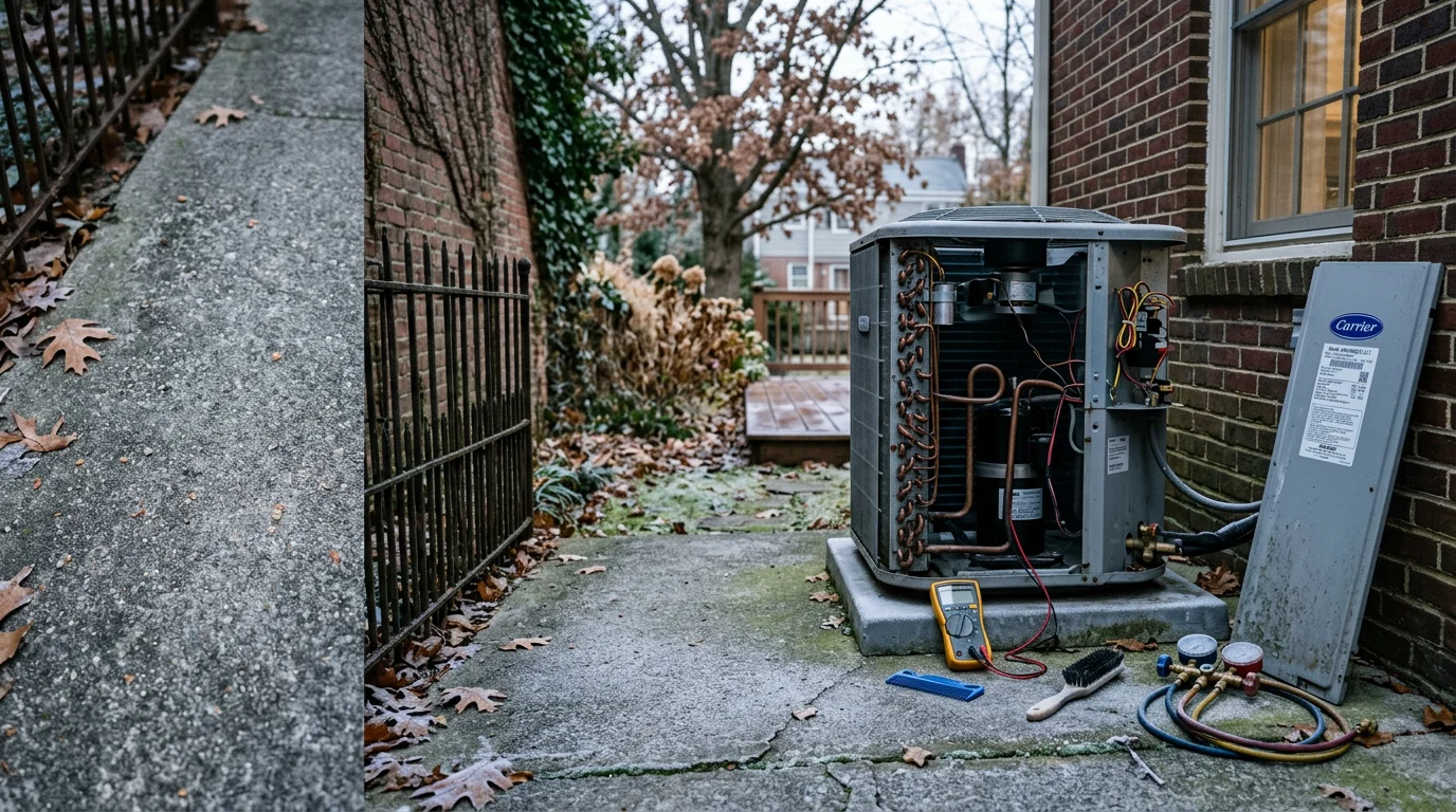 A Kelvin Services LLC technician inspecting the indoor air handler of a heat pump during a seasonal heating maintenance visit in an Ashburn, Virginia home. The technician checks internal components with the system panel open.