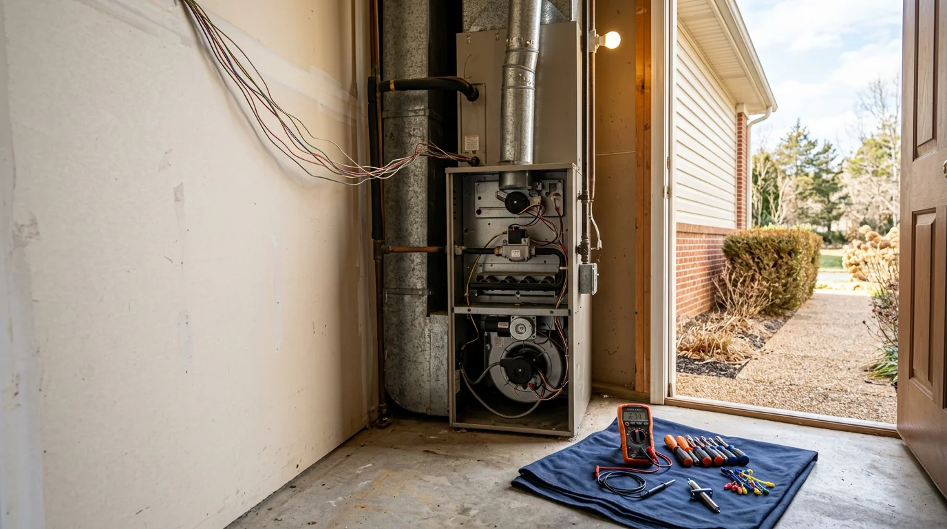 A heating system technician inspecting a residential gas furnace in an Ashburn, Virginia home during winter. The technician examines internal components with a diagnostic tool in a utility room setting.