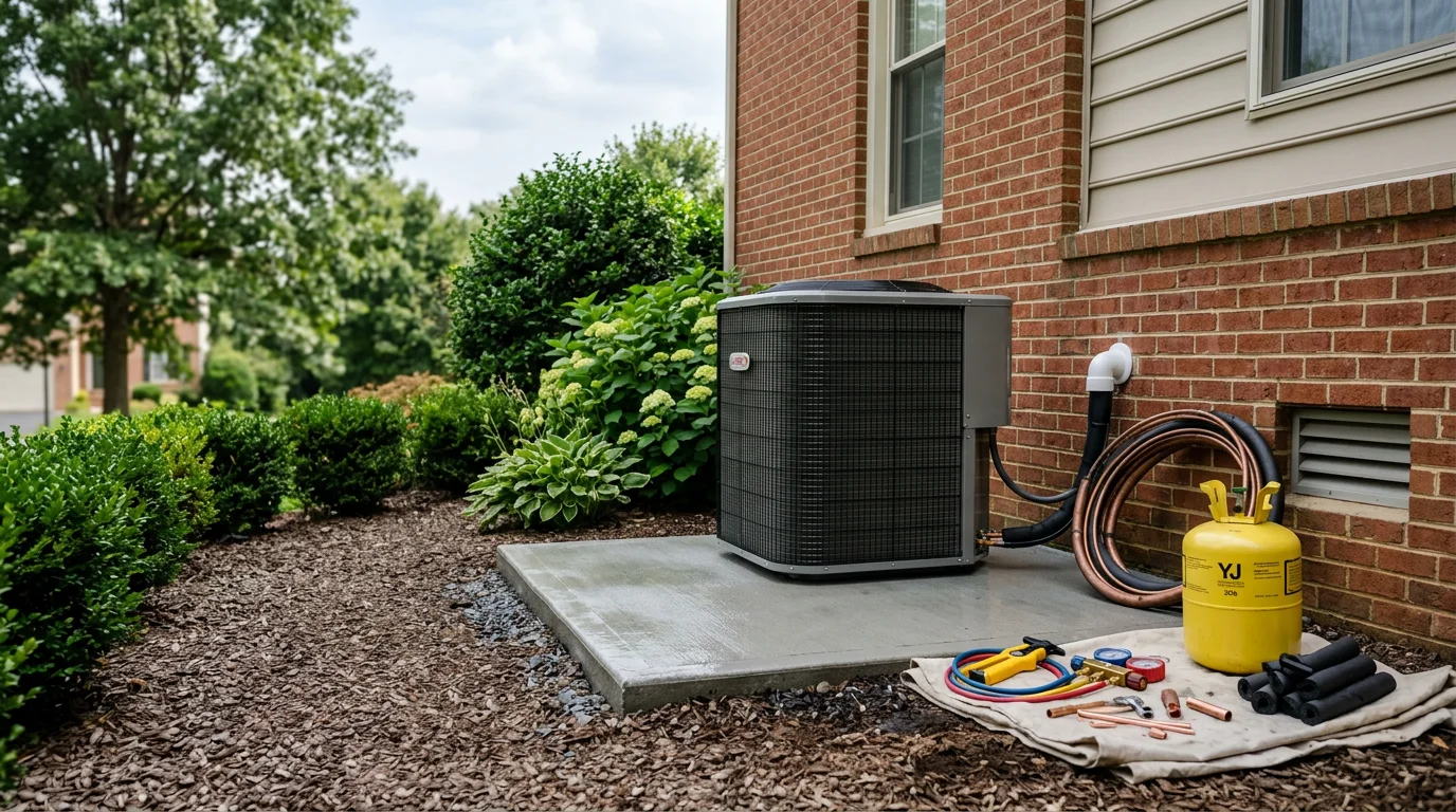 A Kelvin Services LLC technician inspecting a residential HVAC system outside a home in Ashburn, Virginia. The technician reviews the outdoor unit on a clear day in a Northern Virginia neighborhood.