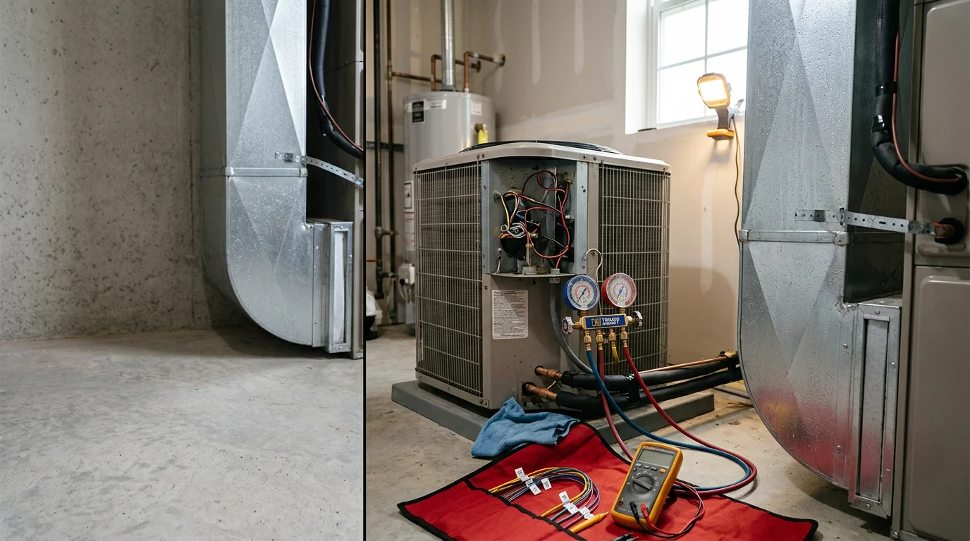 A Kelvin Services LLC technician inspecting an outdoor HVAC condenser unit at a residential home in Ashburn, Virginia. The technician is checking refrigerant lines and electrical connections on a warm summer day.