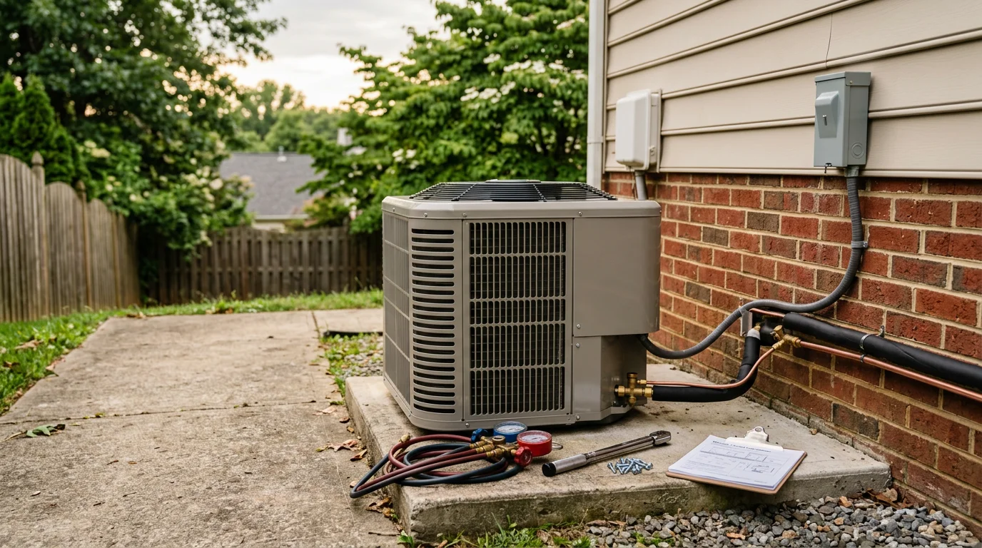 A newly installed central air conditioning outdoor condenser unit positioned on a concrete pad beside a residential home in Ashburn, Virginia. A Kelvin Services LLC technician checks refrigerant line connections during the final walkthrough.