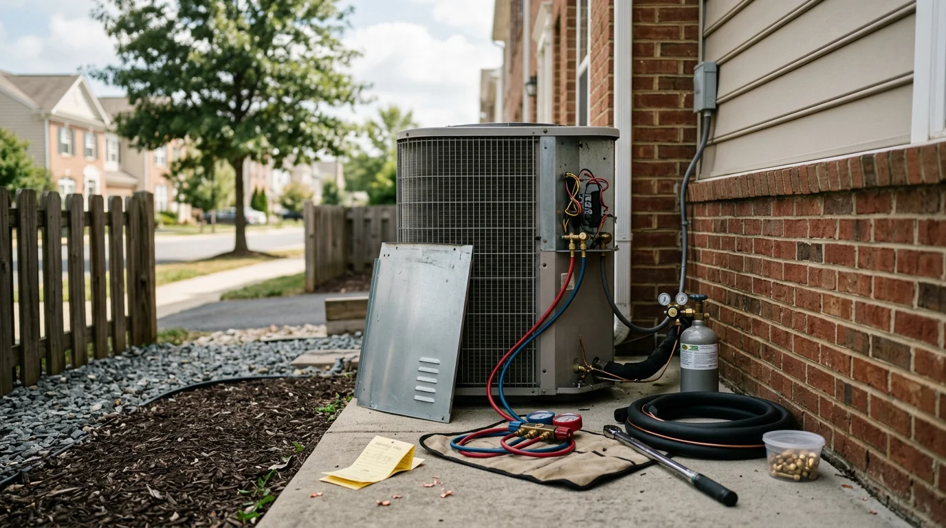 A Kelvin Services LLC technician inspecting an outdoor HVAC condenser unit at a residential home in Ashburn, Virginia. The technician is checking internal components on a sunny day in a Northern Virginia neighborhood.